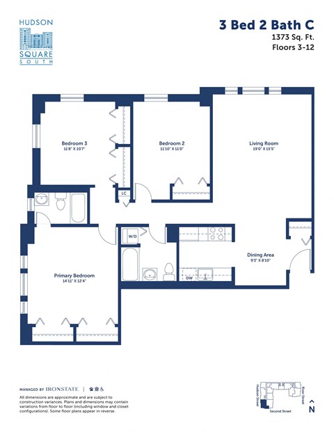 Floor plan for 3 beds, 2 baths, 1373 sqft
